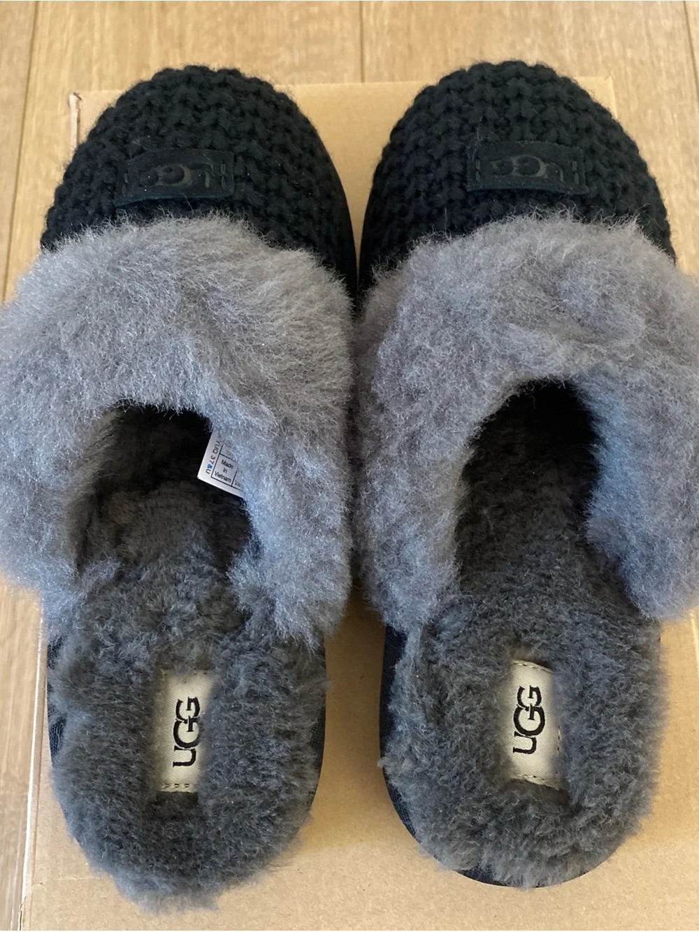 UGG Black Knit Slippers with Gray Shearling Cuff